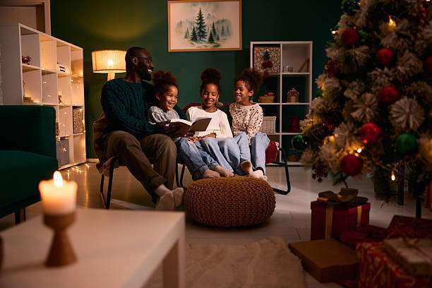 Father and three daughters share a cozy Christmas Fabric lamp shades