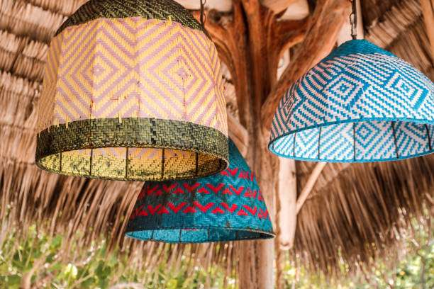Woven decorative lamp shades with vibrant geometric patterns.