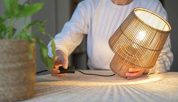 Natural bamboo lamp shades with warm light from switch