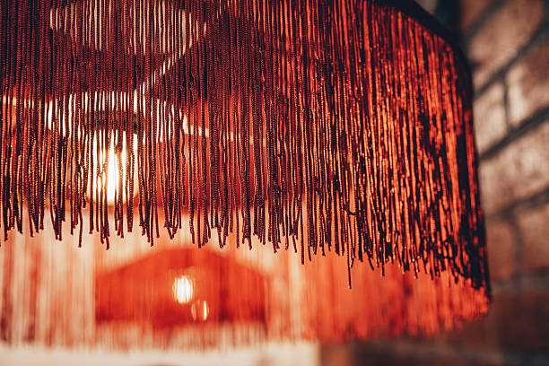 Close up of textured, fringed red lamp shades with warm light.
