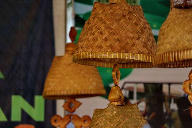 Handwoven bamboo lamp shades hanging with intricate designs.