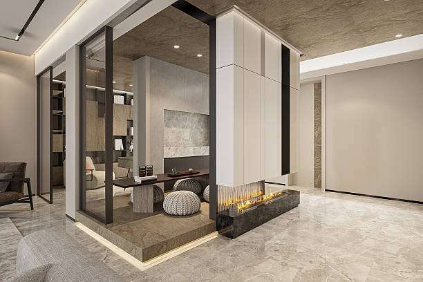Modern living room with built-in fireplace and stylish lamp shades.